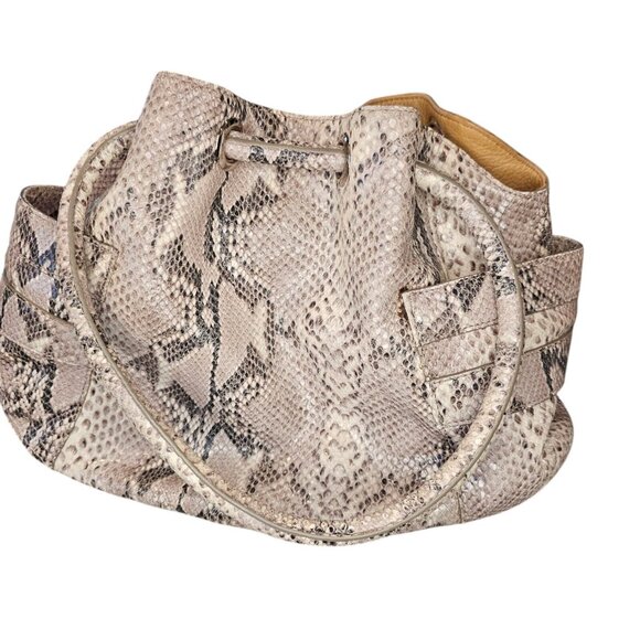 Y2K Cole Haan Python Snakeprint Leather Big Hobo Bag Purse Cream Taupe Buckles - Picture 2 of 16